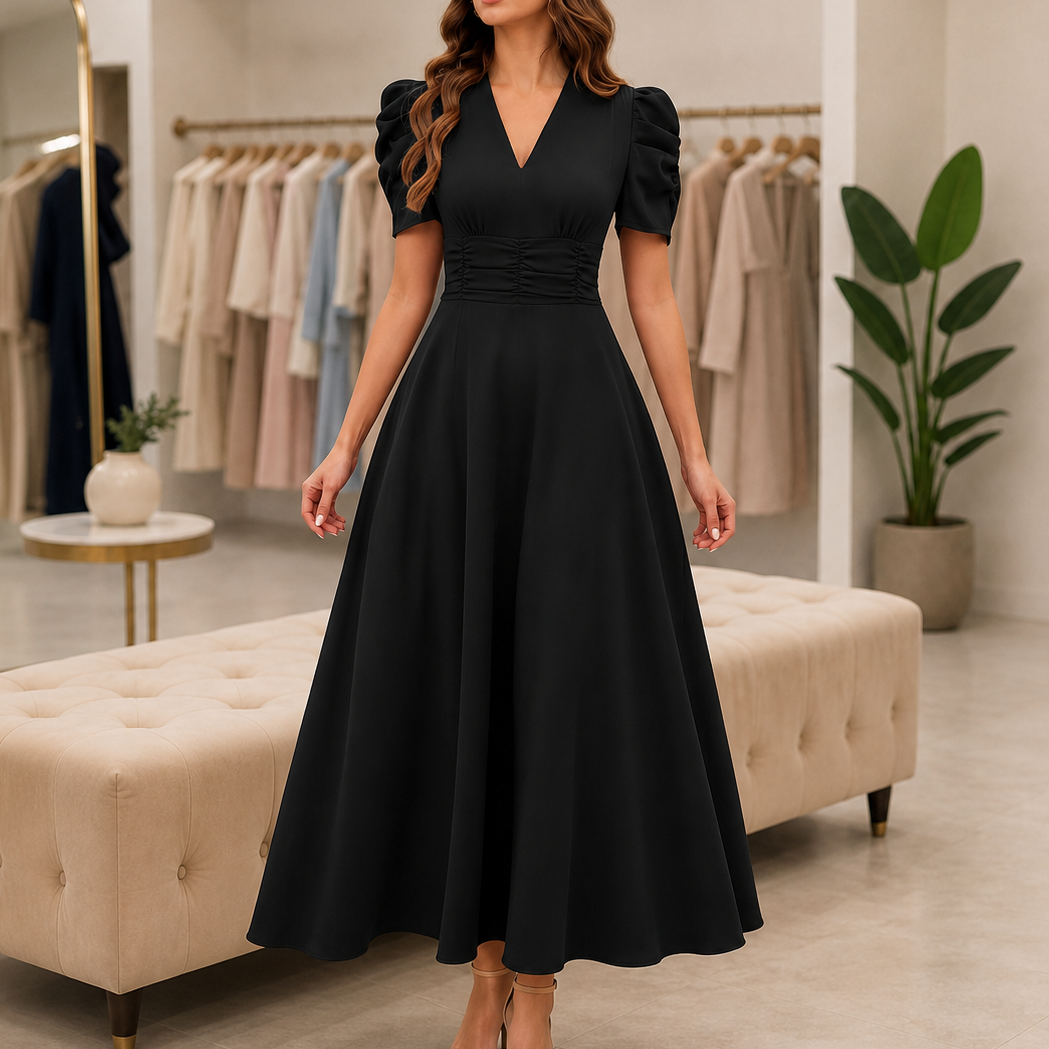 Vestido midi con escote en V, cintura fruncida y mangas abullonadas