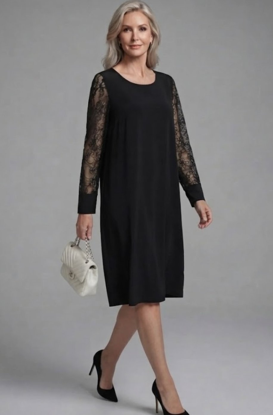 Vestido midi de cóctel entallado con mangas de encaje y péplum para mujer