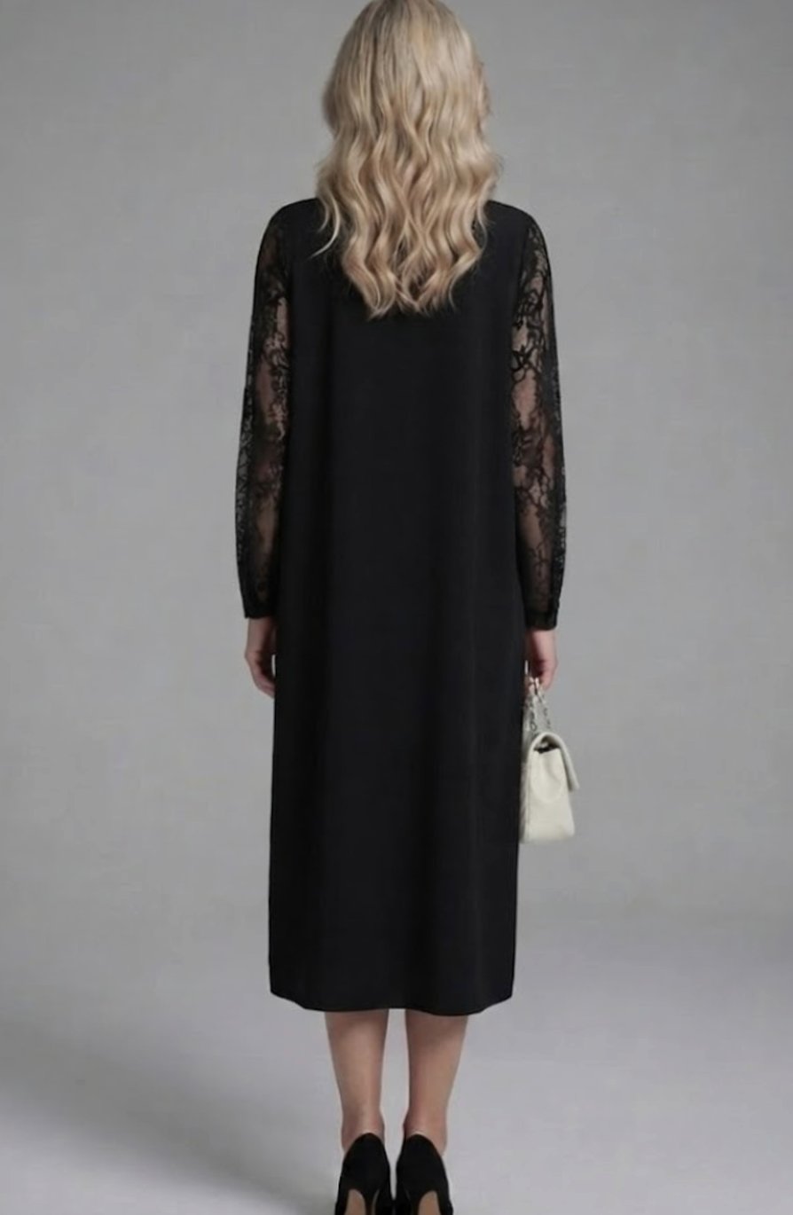 Vestido midi de cóctel entallado con mangas de encaje y péplum para mujer