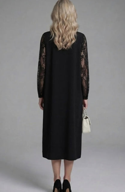 Vestido midi de cóctel entallado con mangas de encaje y péplum para mujer