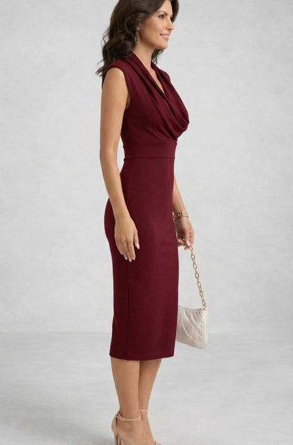 Vestido midi de cóctel entallado sin mangas con cuello drapeado para mujer