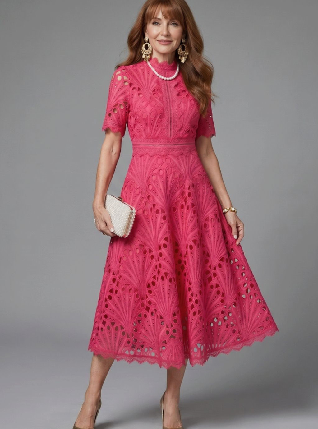Vestido midi de cóctel para mujer de encaje bordado con cuello subido y manga corta