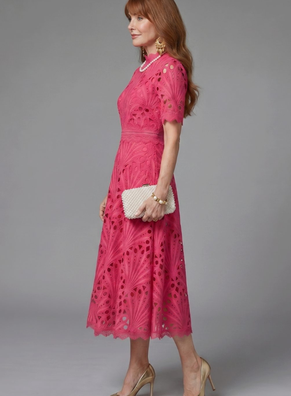 Vestido midi de cóctel para mujer de encaje bordado con cuello subido y manga corta