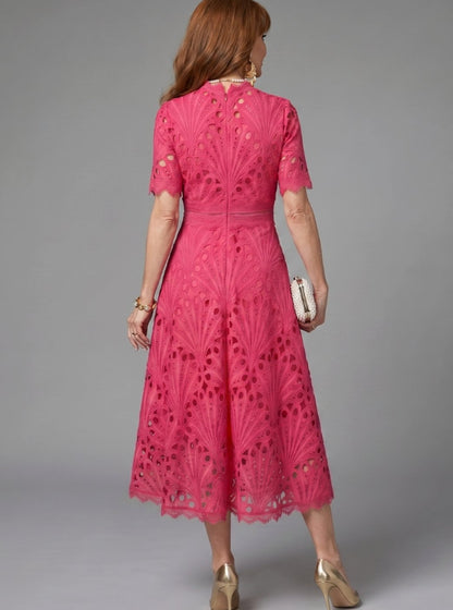 Vestido midi de cóctel para mujer de encaje bordado con cuello subido y manga corta