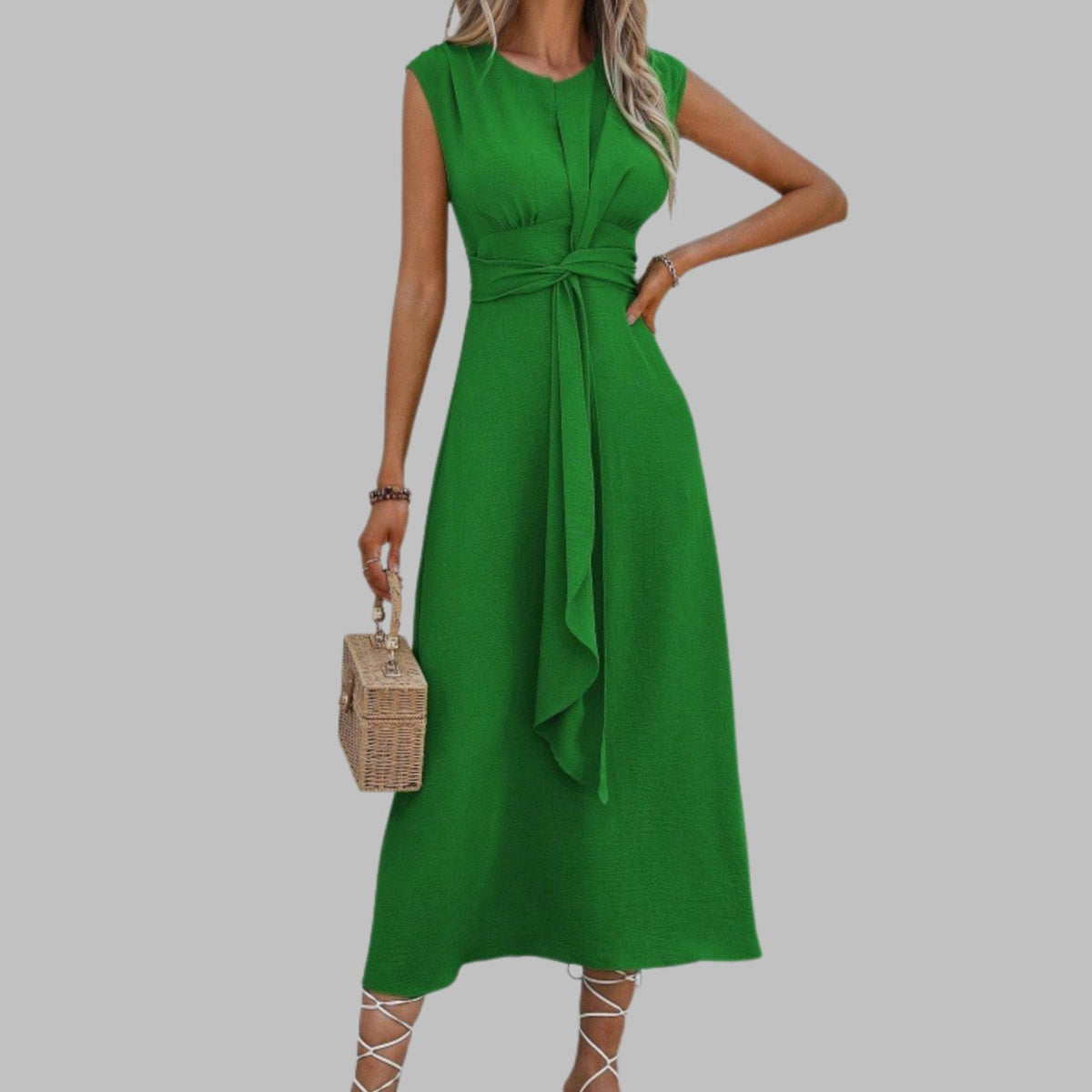 Vestido midi de cóctel sin mangas con cuello redondo y lazo en la cintura para mujer