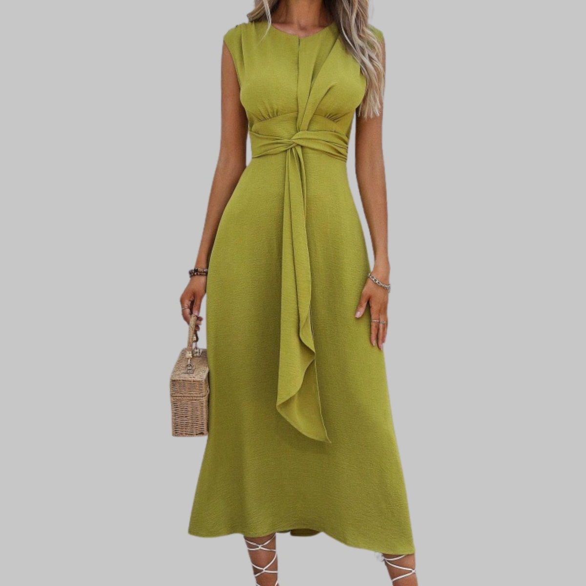 Vestido midi de cóctel sin mangas con cuello redondo y lazo en la cintura para mujer