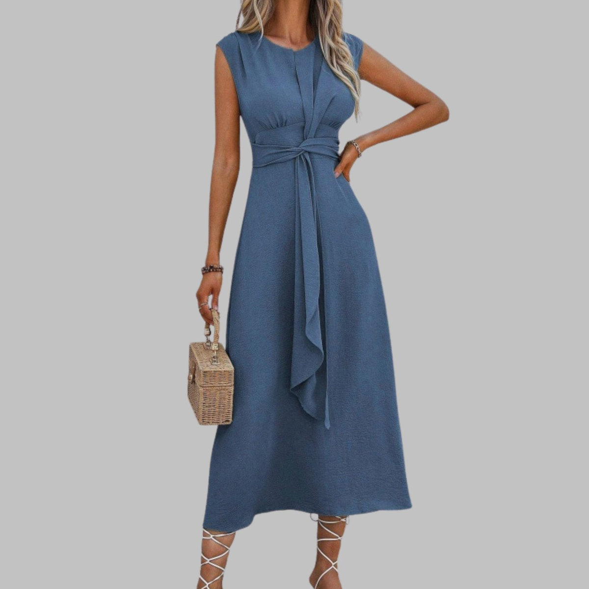 Vestido midi de cóctel sin mangas con cuello redondo y lazo en la cintura para mujer