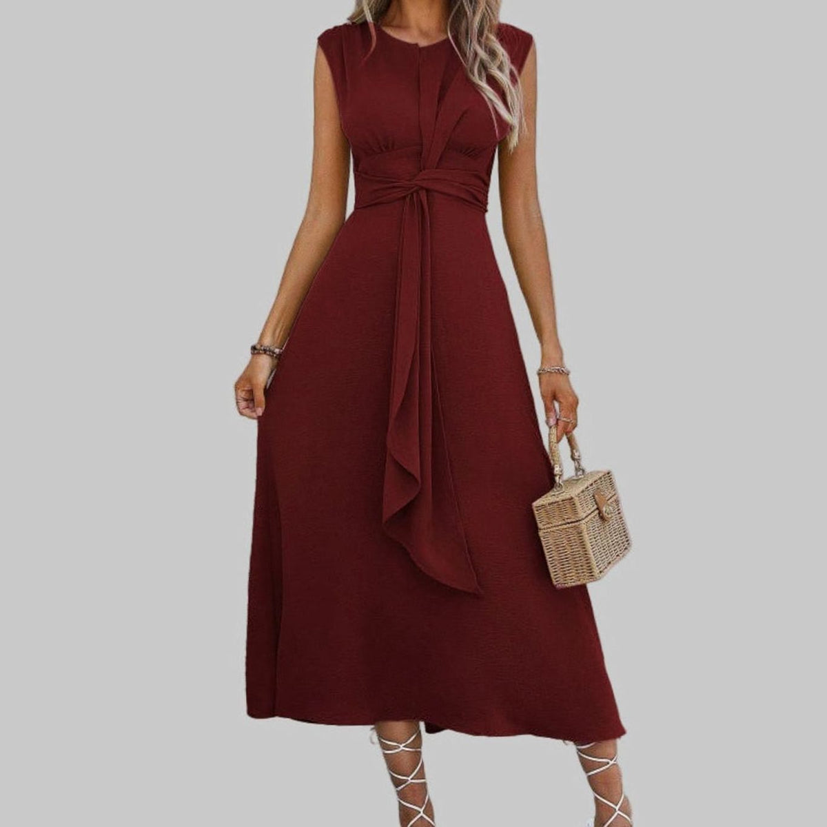Vestido midi de cóctel sin mangas con cuello redondo y lazo en la cintura para mujer