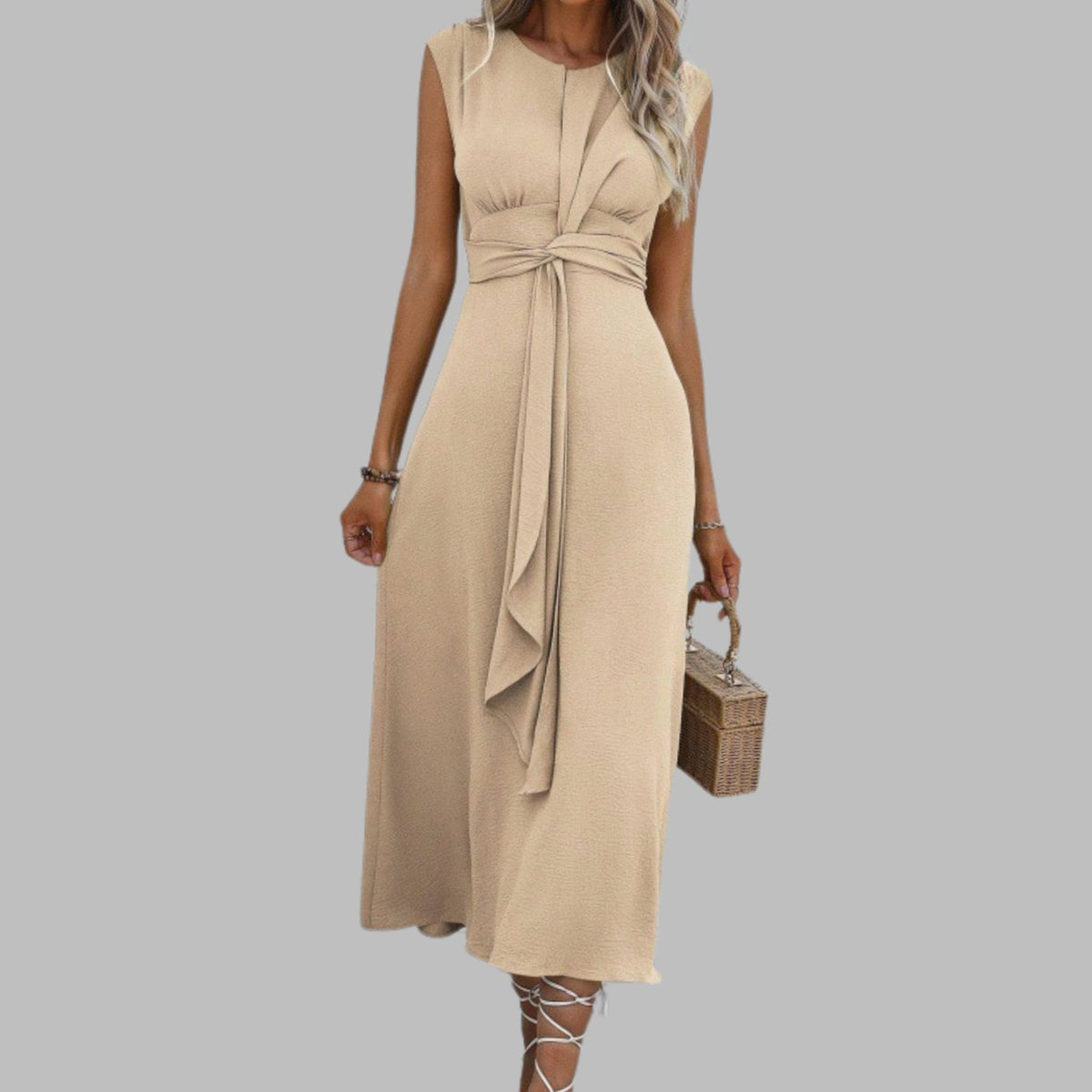 Vestido midi de cóctel sin mangas con cuello redondo y lazo en la cintura para mujer
