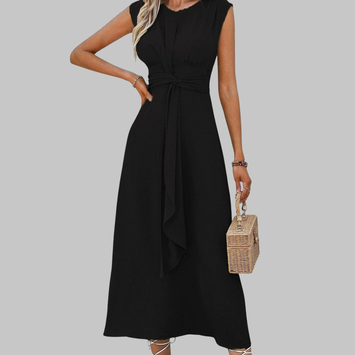 Vestido midi de cóctel sin mangas con cuello redondo y lazo en la cintura para mujer