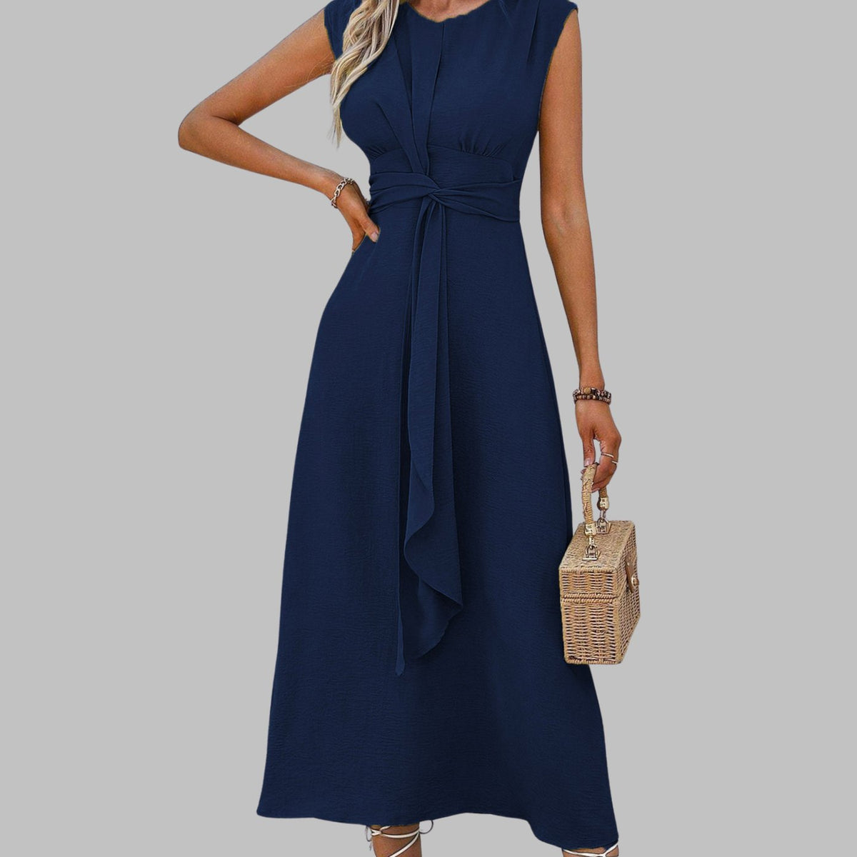 Vestido midi de cóctel sin mangas con cuello redondo y lazo en la cintura para mujer