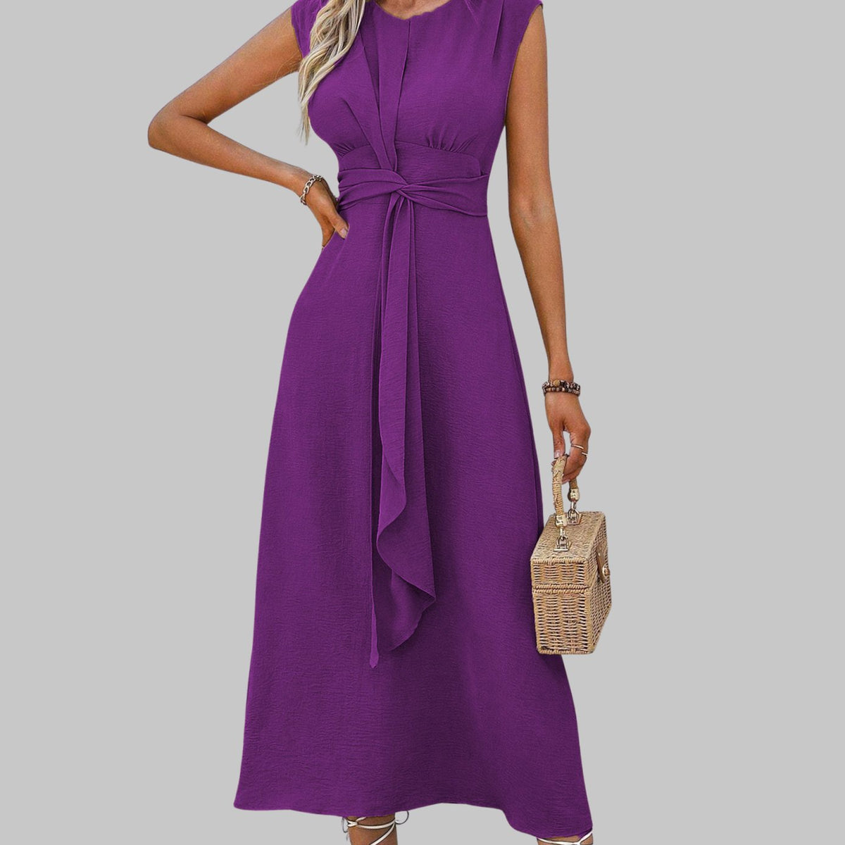 Vestido midi de cóctel sin mangas con cuello redondo y lazo en la cintura para mujer