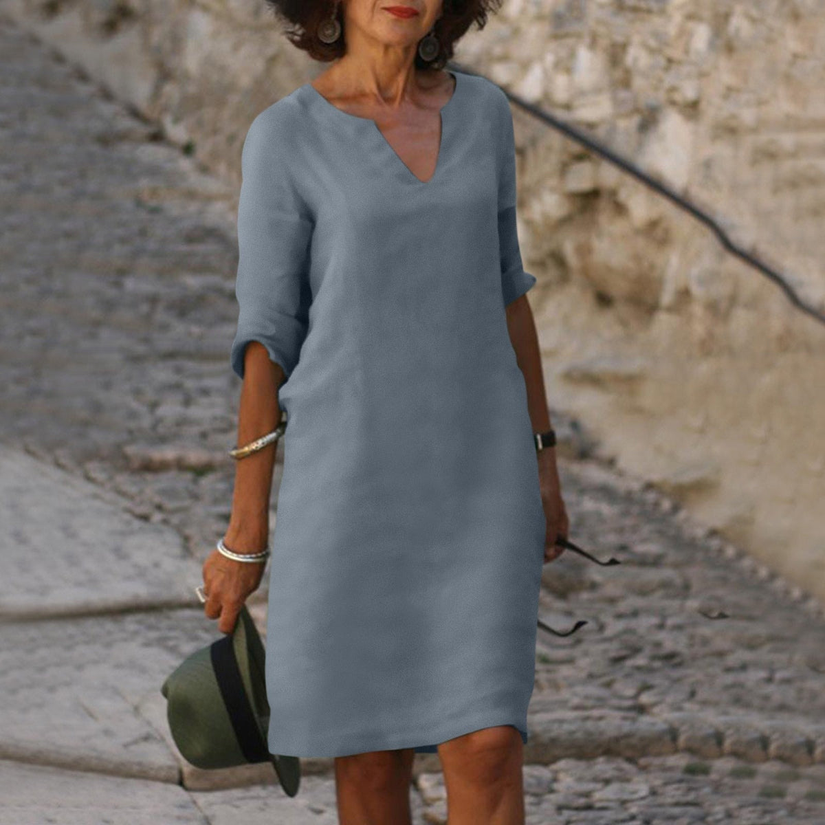Vestido midi de lino con escote en V para mujer