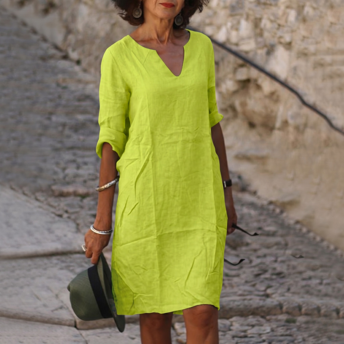 Vestido midi de lino con escote en V para mujer