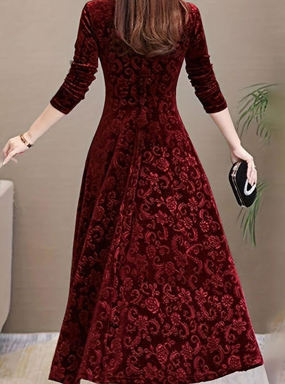 Vestido midi de terciopelo para mujer con escote en V, manga larga y corte en A