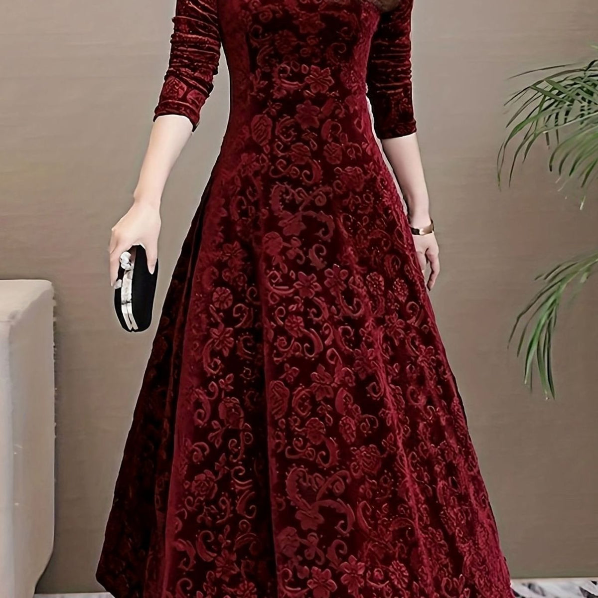 Vestido midi de terciopelo para mujer con escote en V, manga larga y corte en A