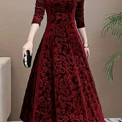 Vestido midi de terciopelo para mujer con escote en V, manga larga y corte en A
