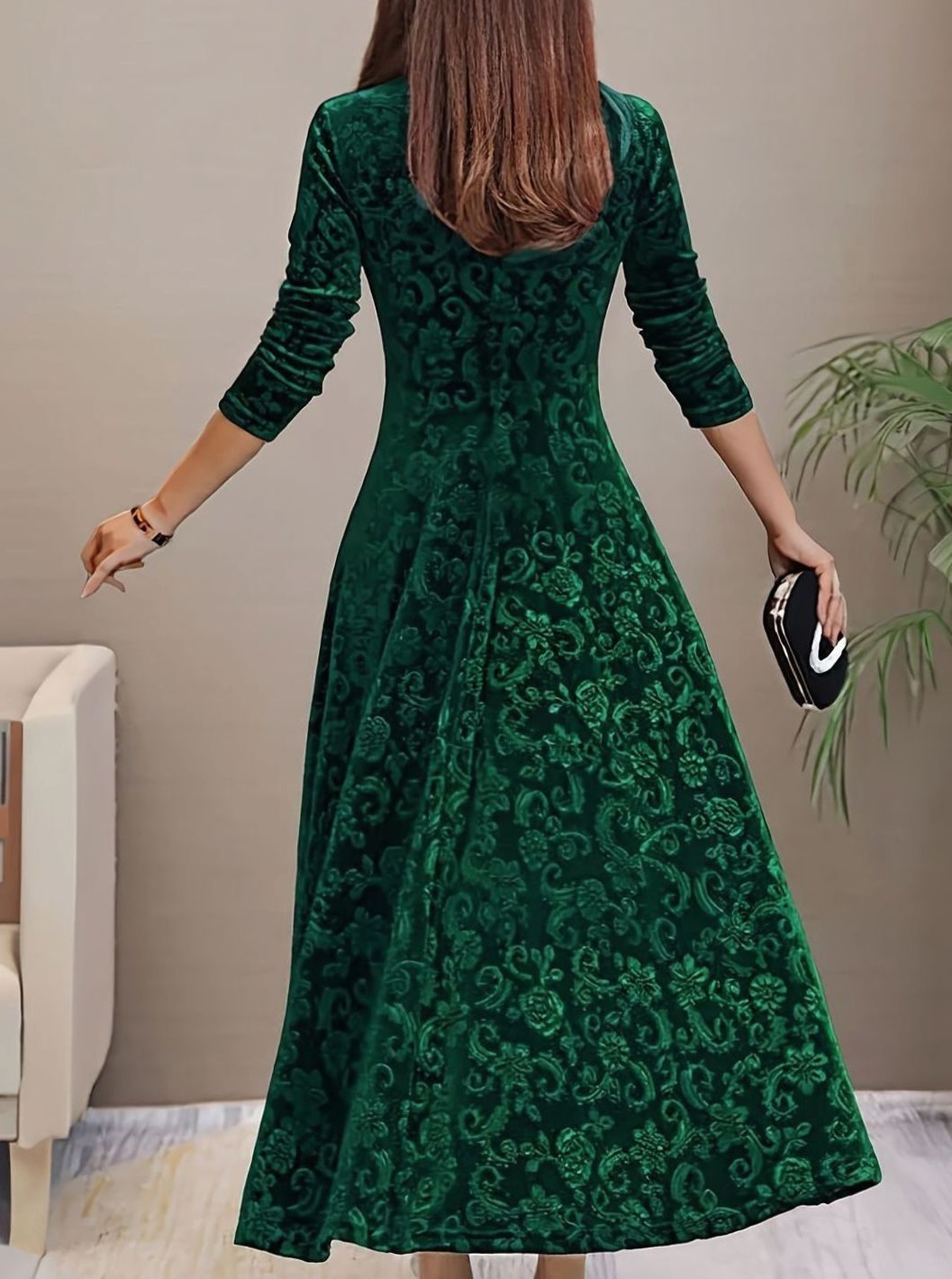 Vestido midi de terciopelo para mujer con escote en V, manga larga y corte en A