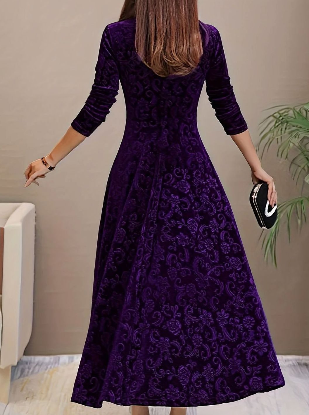 Vestido midi de terciopelo para mujer con escote en V, manga larga y corte en A