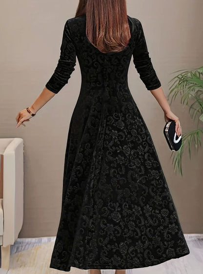 Vestido midi de terciopelo para mujer con escote en V, manga larga y corte en A