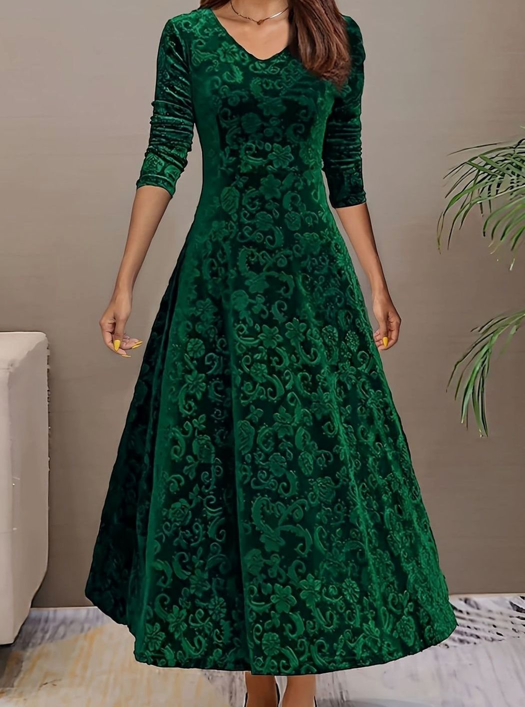Vestido midi de terciopelo para mujer con escote en V, manga larga y corte en A
