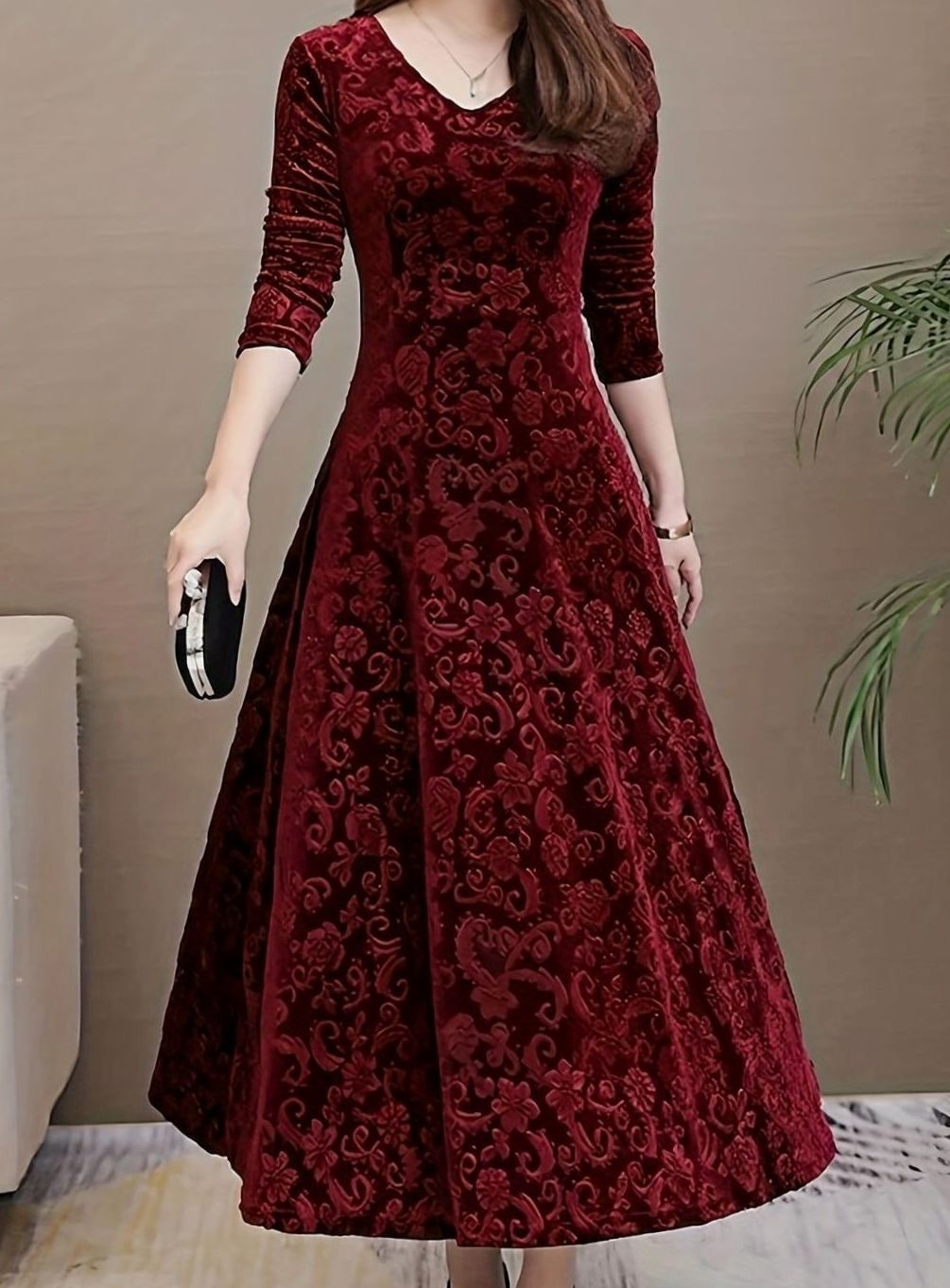 Vestido midi de terciopelo para mujer con escote en V, manga larga y corte en A