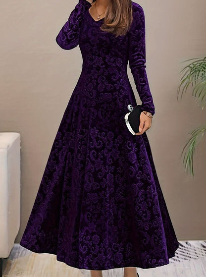 Vestido midi de terciopelo para mujer con escote en V, manga larga y corte en A