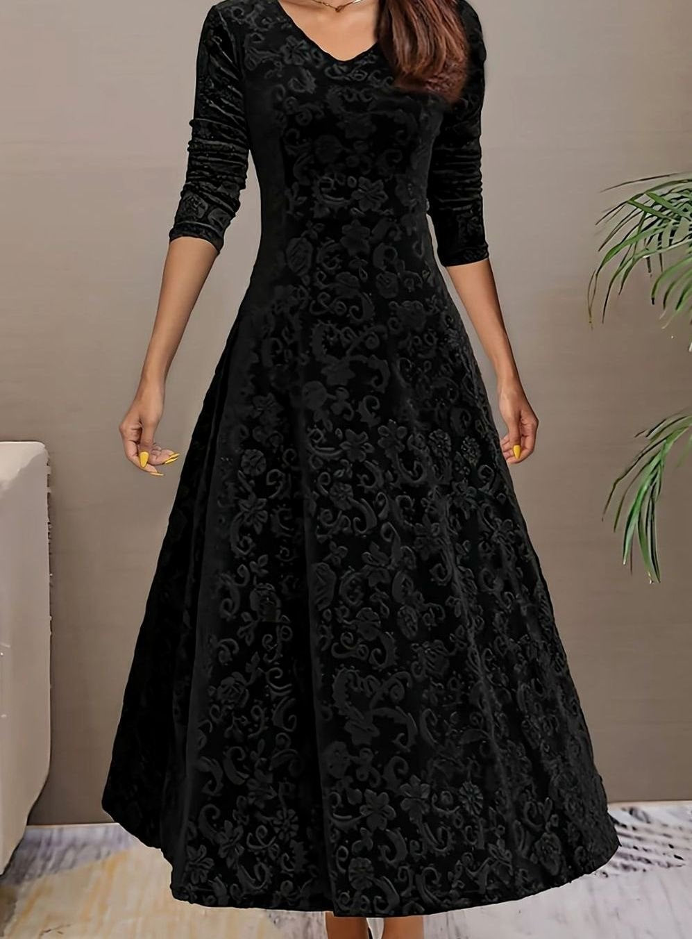 Vestido midi de terciopelo para mujer con escote en V, manga larga y corte en A
