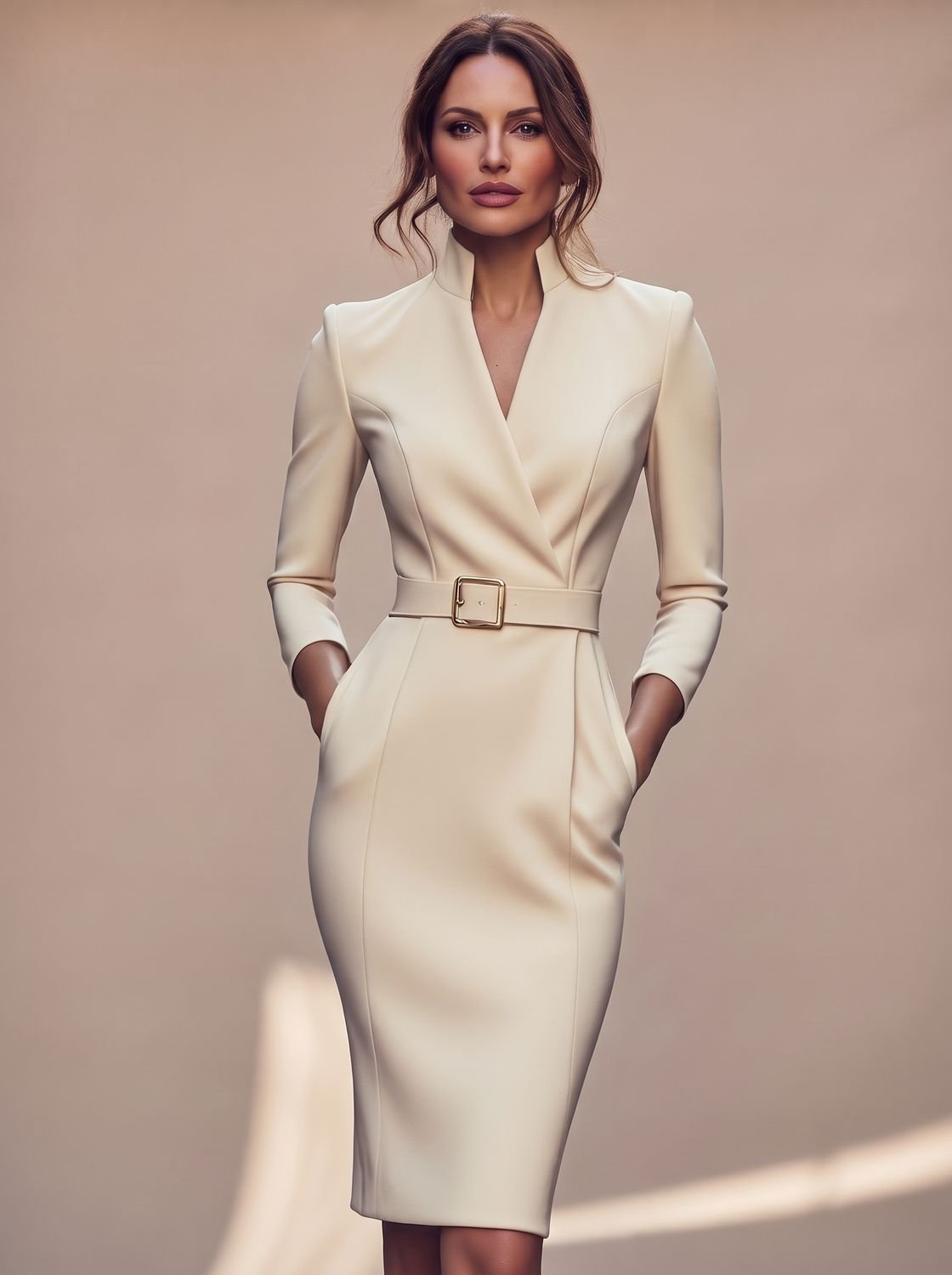 Vestido midi negro de tubo para mujer con escote en V, cinturón y manga larga