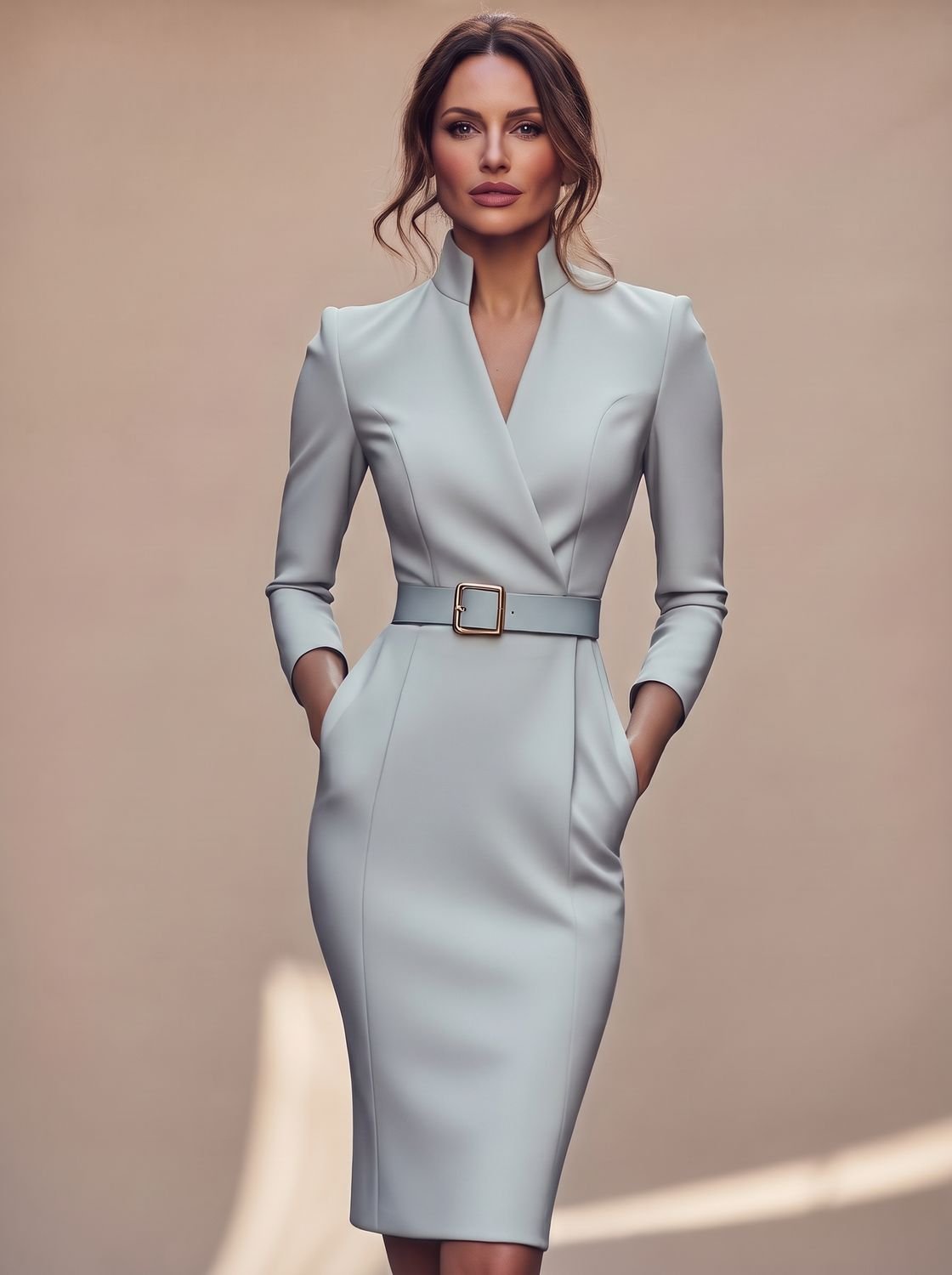 Vestido midi negro de tubo para mujer con escote en V, cinturón y manga larga