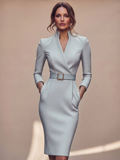 Vestido midi negro de tubo para mujer con escote en V, cinturón y manga larga