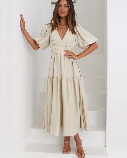 Vestido midi para mujer con escote en V y mangas abullonadas