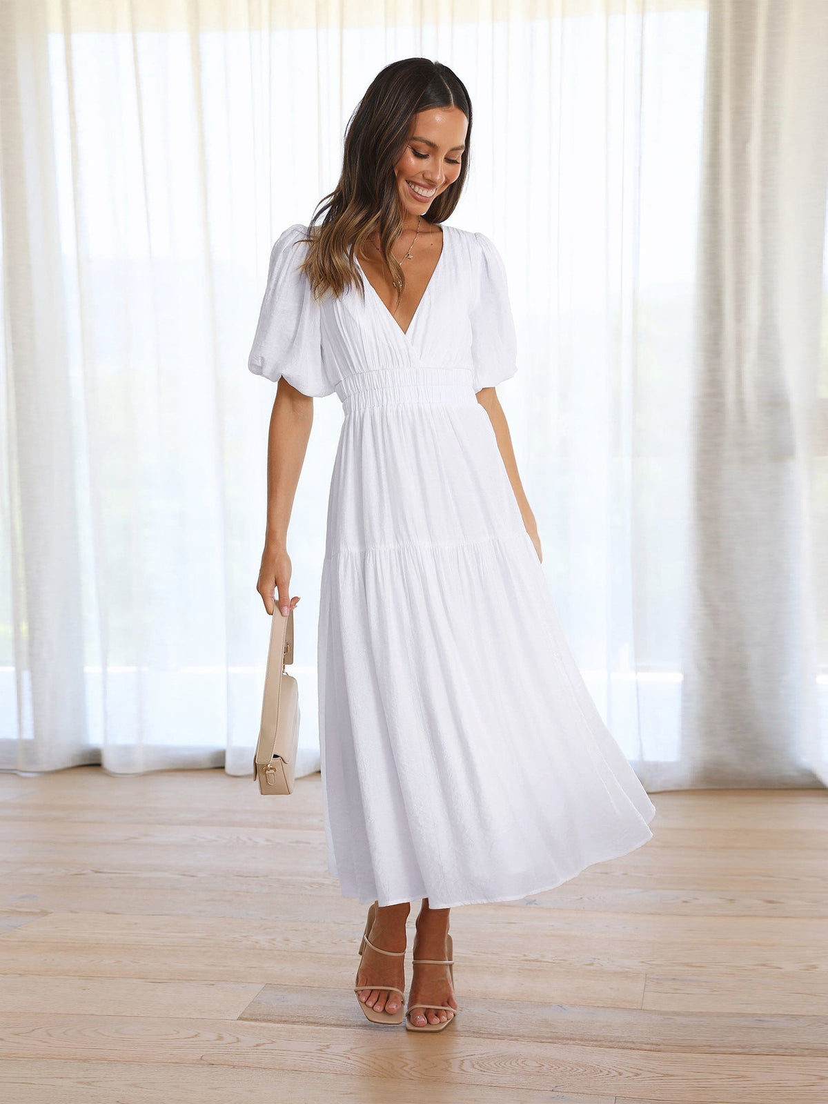 Vestido midi para mujer con escote en V y mangas abullonadas