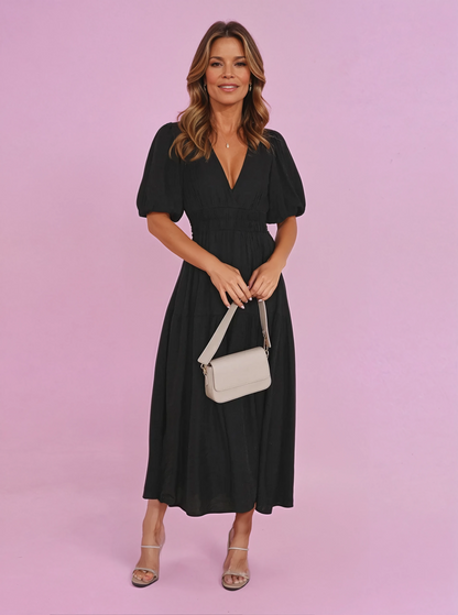 Vestido midi para mujer con escote en V y mangas abullonadas