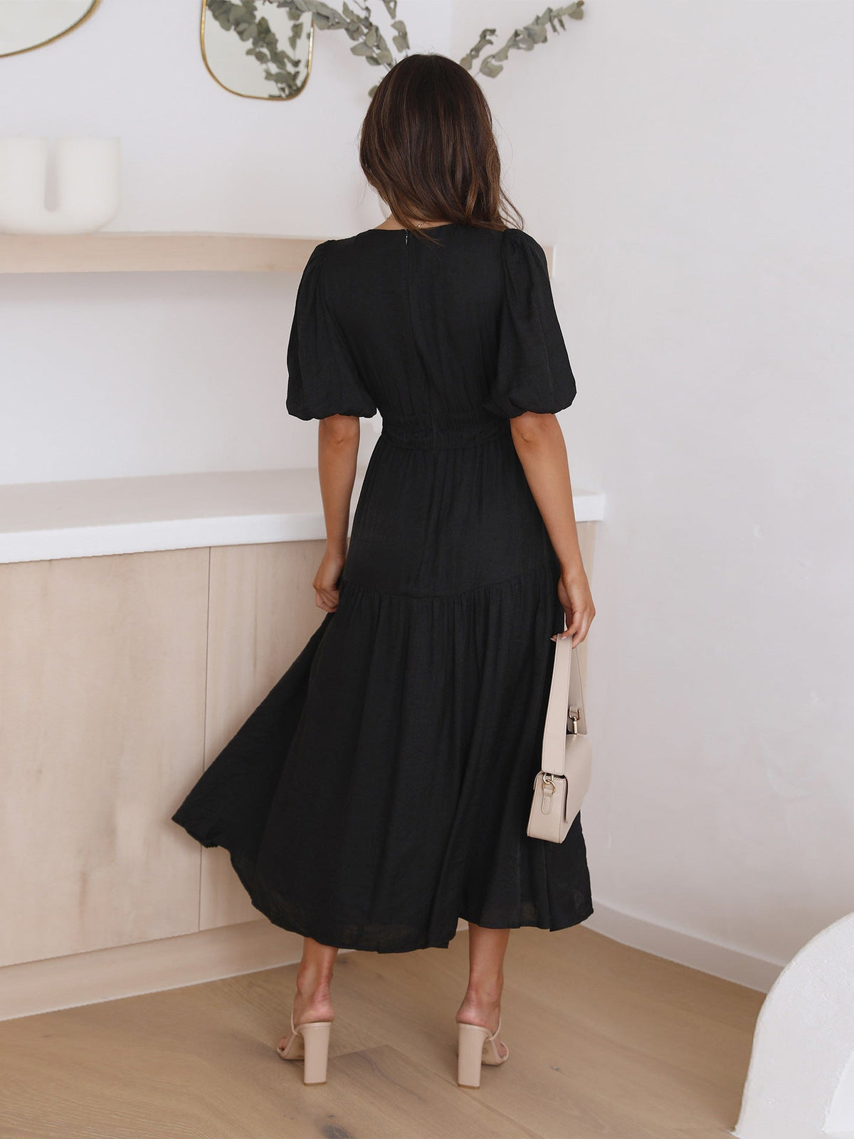 Vestido midi para mujer con escote en V y mangas abullonadas