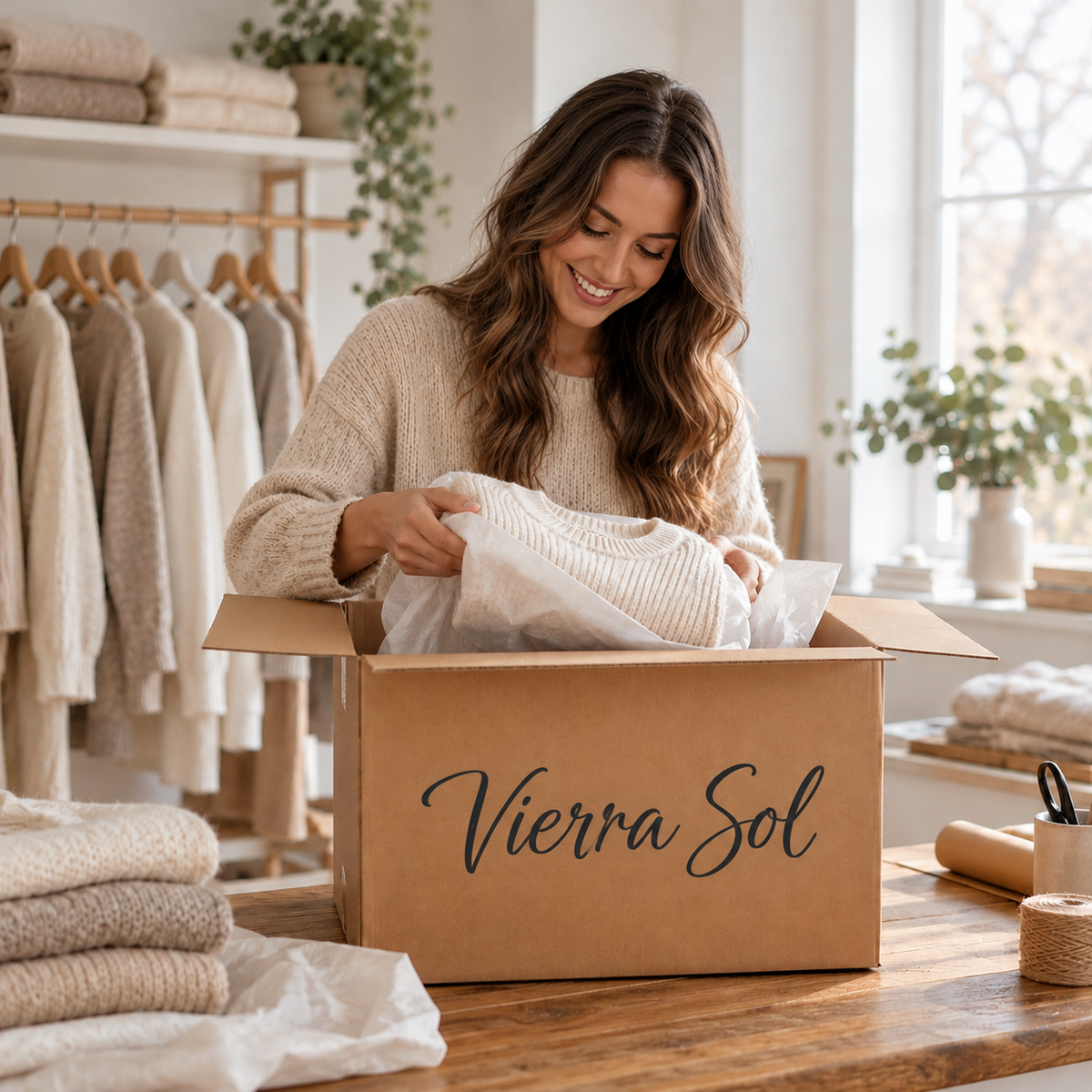Abriendo un paquete con el logotipo de Vierra Sol