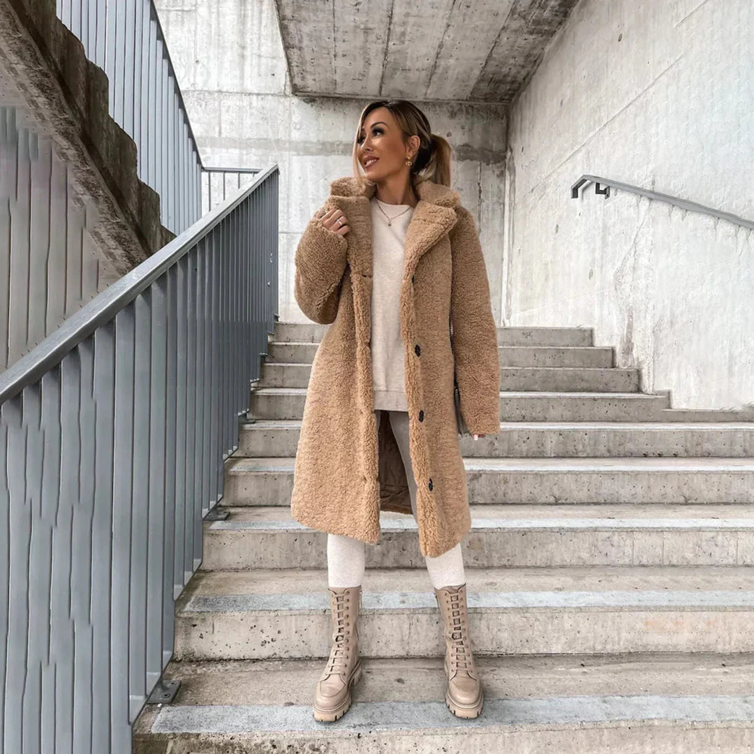 VierraSol | Abrigo Largo de Teddy para Mujer con Cuello de Solapa