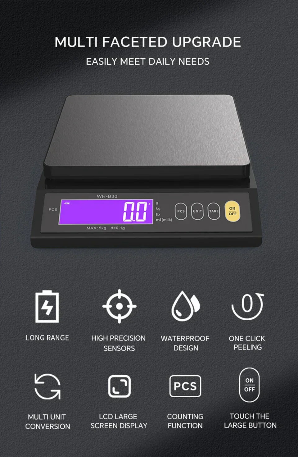 VierraSol | Balanza de cocina electrónica digital de 5 kg/0.1 g y 10 kg/1 g, pantalla LCD, herramienta de acero inoxidable completamente impermeable para hornear