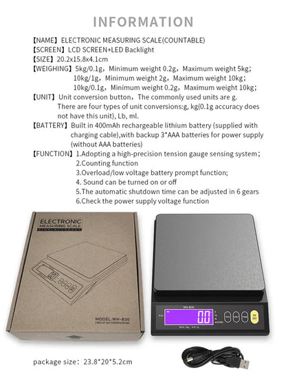 VierraSol | Balanza de cocina electrónica digital de 5 kg/0.1 g y 10 kg/1 g, pantalla LCD, herramienta de acero inoxidable completamente impermeable para hornear