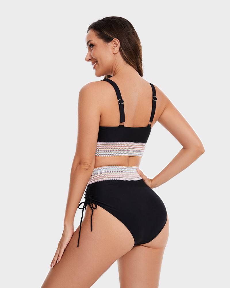 VierraSol | Bikini de Cintura Alta para Mujeres con Ribete a Rayas