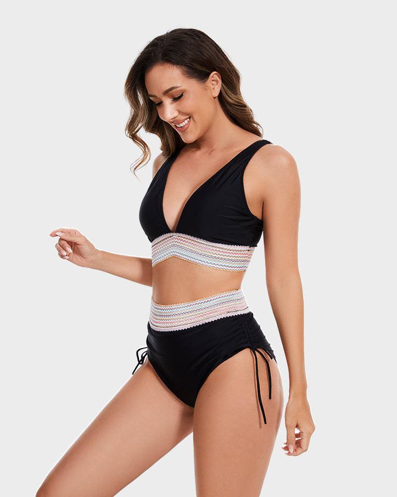 VierraSol | Bikini de Cintura Alta para Mujeres con Ribete a Rayas