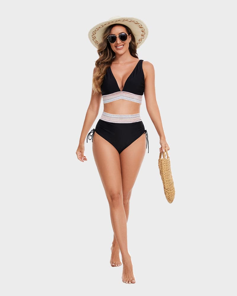 VierraSol | Bikini de Cintura Alta para Mujeres con Ribete a Rayas