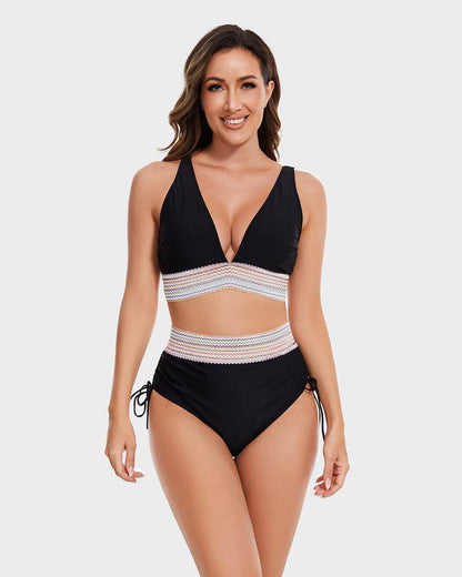 VierraSol | Bikini de Cintura Alta para Mujeres con Ribete a Rayas