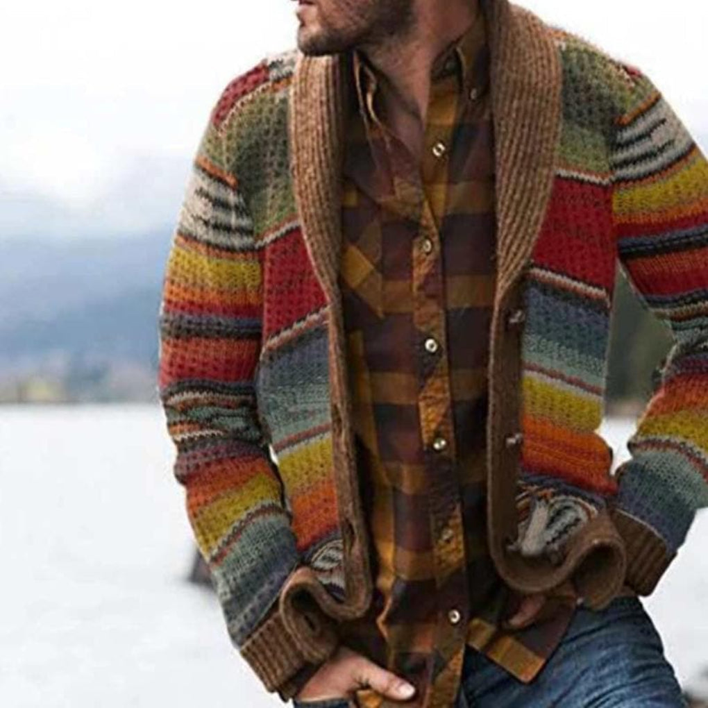 VierraSol | Cárdigan de Cuello Chal para Hombre - Tejido a Rayas Multicolor