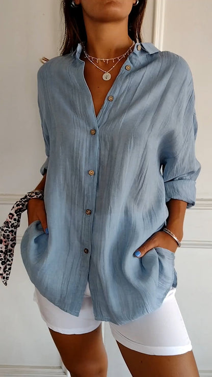 VierraSol | Camisa de Mujer de Mezcla de Lino de Corte Suelto con Botones