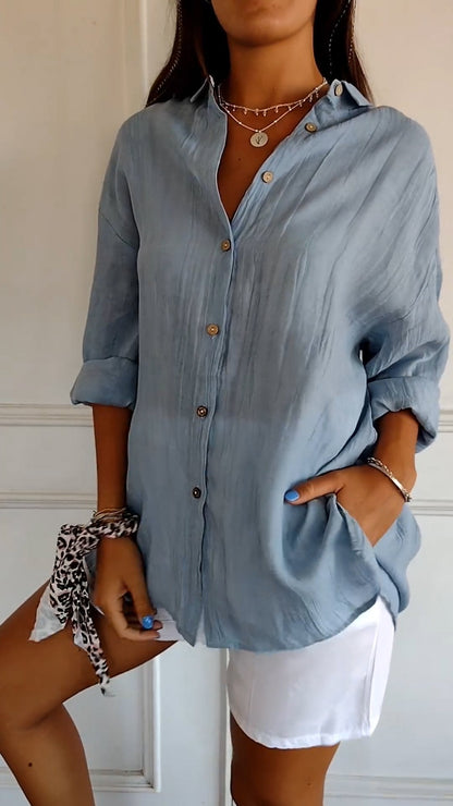 VierraSol | Camisa de Mujer de Mezcla de Lino de Corte Suelto con Botones