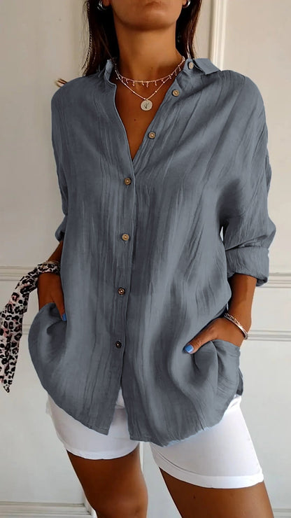 VierraSol | Camisa de Mujer de Mezcla de Lino de Corte Suelto con Botones