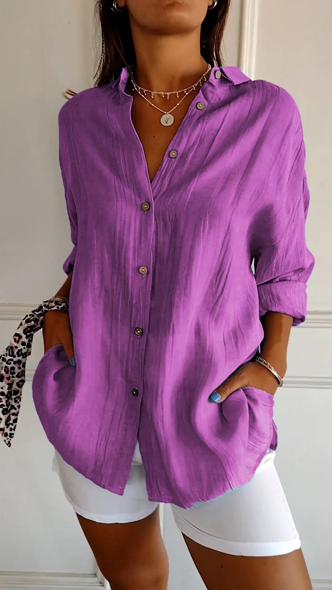 VierraSol | Camisa de Mujer de Mezcla de Lino de Corte Suelto con Botones
