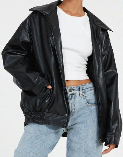 VierraSol | Chaqueta Bomber de Cuero Sintético Oversized para Mujeres