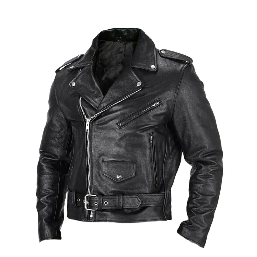 VierraSol | Chaqueta de Cuero para Hombre con Cremallera Diagonal y Cinturón